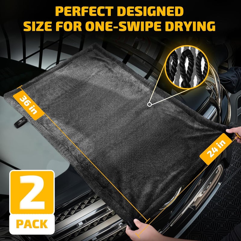 SMINDER منشفة تجفيف سيارات 2-pack 1200 GSM – مناشف ميكروفايبر للسيارات (36" × 24"), فائقة الامتصاص, خالية من الخطوط, خالية من الخدوش, بدون بقع مائية, تصميم مزدوج الالتواء وبدون حواف - Image 2